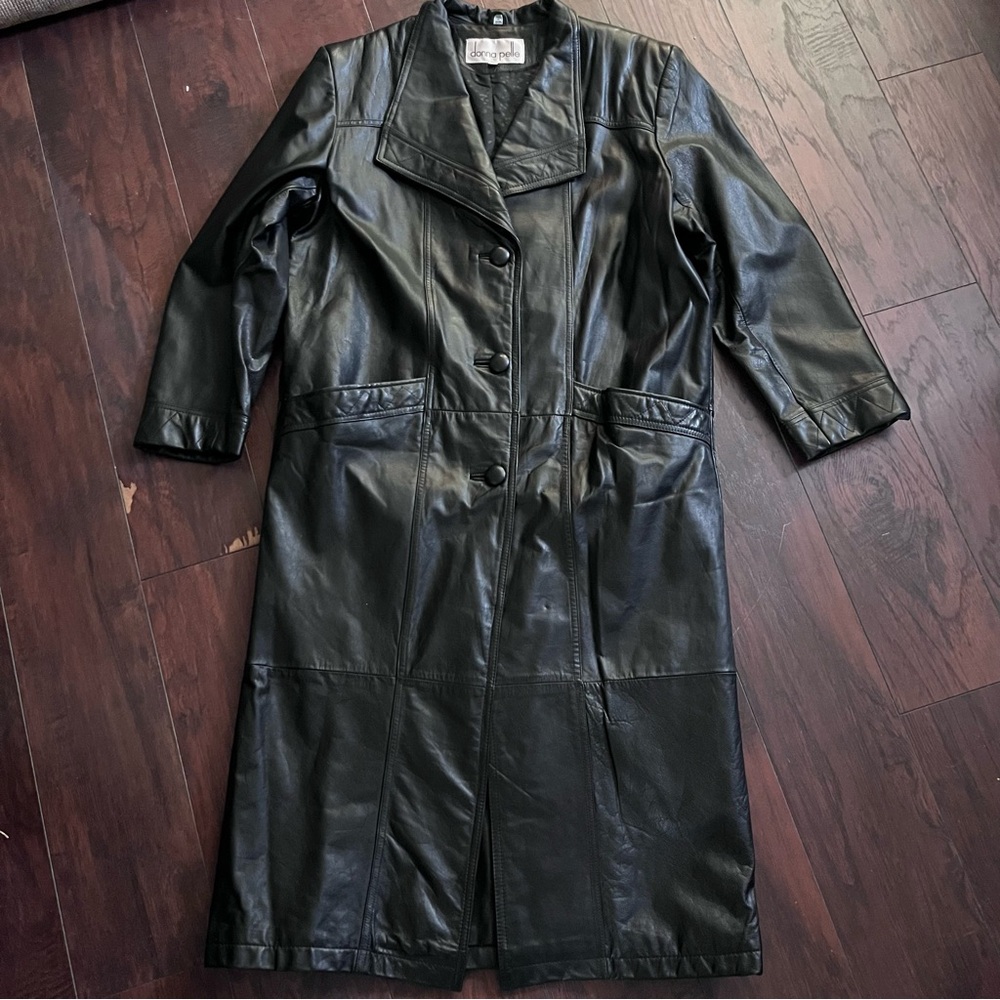 Vintage Donna Pelle Black Leather Trench Coat Women’s Size M